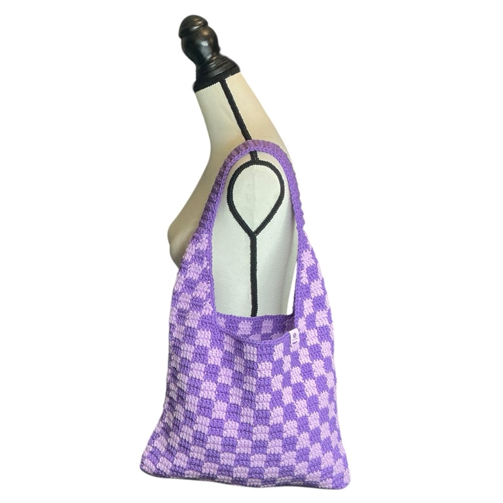 Handmade Amethyst & Soft Purple Checker Checkerboard Crochet Shoulder Tote Bag - Picture 16 of 16